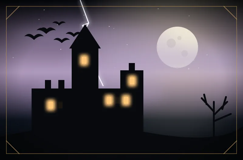 Illustration: Schloss-Silhouette mit erleuchteten Fenstern vor Vollmond, Blitz und Fledermäusen