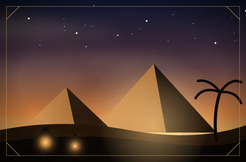Illustration: Pyramiden in der Abenddämmerung mit Palme und Fackellichtern