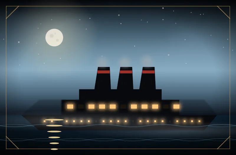 Illustration: Ozeandampfer mit erleuchteten Bullaugen auf nächtlicher See, der Mond spiegelt sich im Wasser